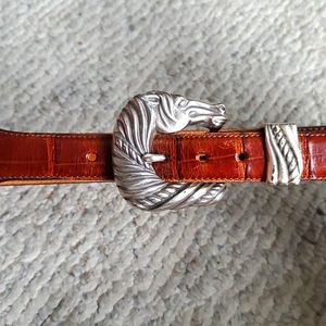 30 Brown Leather Belt Horse Buckle ONYX Crocco EUC
